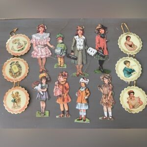 Vintage Handmade Merrimack 2 Sided Victorian Paper Doll Ornaments